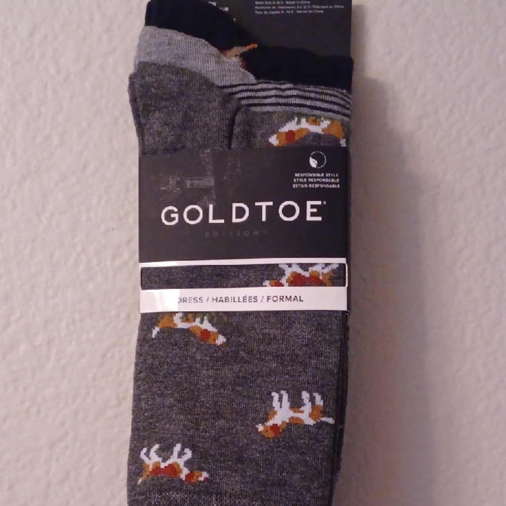 Gold Toe Men's Gray Socks Dress Dog Duck Crew Socks Size 6 To 12.5 Goldtoe New